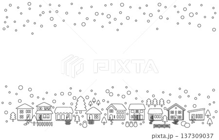 雪の降るクリスマスの町並みフレーム背景素材_線画 雪の降るクリスマスの町並みフレーム背景素材_線画 137309037