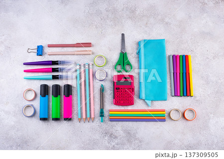 Decluttering concept. Stationery organization on work desk 137309505
