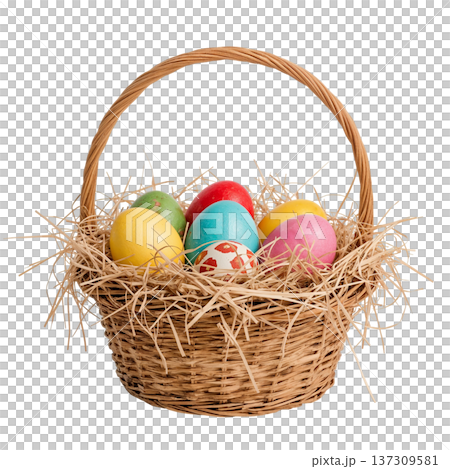Colorful Eggs in a Woven Basket With Straw on a Plain Background for Easter Celebration 137309581