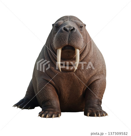 Large Walrus Sits on a Surface With Its Tusks Showing in Clear View During Daylight Hours 137309582
