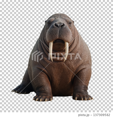 Large Walrus Sits on a Surface With Its Tusks Showing in Clear View During Daylight Hours 137309582