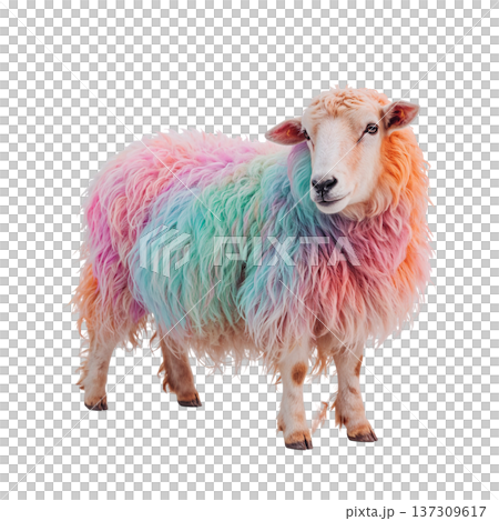 Colorful Sheep Standing Against a White Backdrop in a Playful and Bright Display 137309617