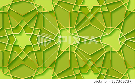 Green and gold islamic geometric star pattern background with 3d layered arabesque shapes Green and gold islamic geometric star pattern background with 3d layered arabesque shapes 137309737