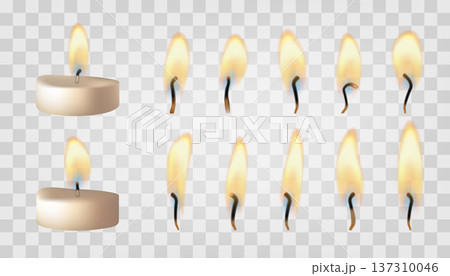 White tea candle, burning match. Light wedding romantic fire, 3d diwali heating flame. Golden shining paraffin cylinder, spa style glow. Round realistic tealight lamp sparkle, burnt flashlight lantern 137310046