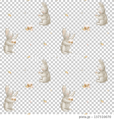 Pattern Easter hare cake eggs cupcake carrot. Watercolor illustrations animal bunny children's style. Seamless print rabbits food holiday hand-drawn background for design clothing packaging wallpaper 137310070