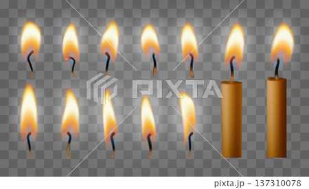 Flame on match, Bday cake glowing candle set. Light memory candle fire, small 3d transparent isolated candlelight. Birthday wedding blow out heat shape. Shining diwali hanukkah decor, church lighter 137310078