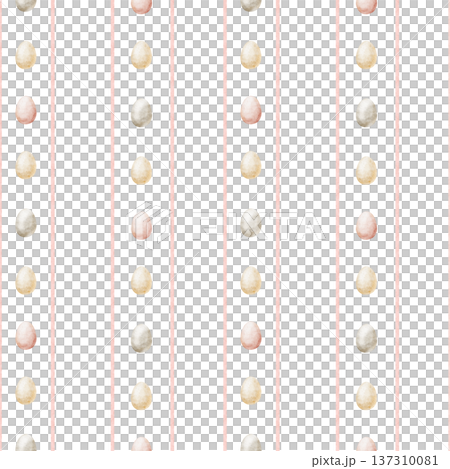 Easter pattern featuring colorful chicken eggs on pink stripes. Watercolor line illustrations in childish style. Seamless hand-drawn print isolated from background for design textiles fabrics clothing Easter pattern featuring colorful chicken eggs on pink stripes. Watercolor line illustrations in childish style. Seamless hand-drawn print isolated from background for design textiles fabrics clothing 137310081