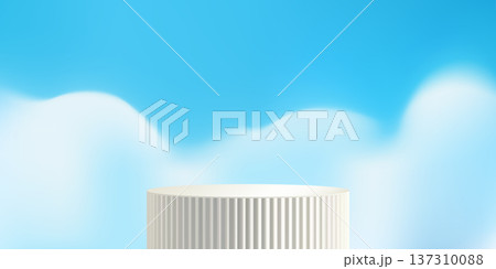 Podium on sky blue bg, heaven studio platform. Beauty product box aesthetic, cosmetic 3d white cube on soft cloud. Skincare hygiene, perfume container geomertic display. Summer building base stairs 137310088
