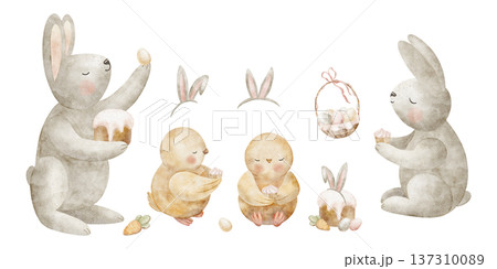 Set rabbits chicks, Easter cakes, eggs, bunny ears, cupcake, basket. Watercolor illustration animals birds in children's style, hand-drawn isolated from background for design cards, posters, clothing Set rabbits chicks, Easter cakes, eggs, bunny ears, cupcake, basket. Watercolor illustration animals birds in children's style, hand-drawn isolated from background for design cards, posters, clothing 137310089