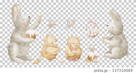 Set rabbits chicks, Easter cakes, eggs, bunny ears, cupcake, basket. Watercolor illustration animals birds in children's style, hand-drawn isolated from background for design cards, posters, clothing Set rabbits chicks, Easter cakes, eggs, bunny ears, cupcake, basket. Watercolor illustration animals birds in children's style, hand-drawn isolated from background for design cards, posters, clothing 137310089
