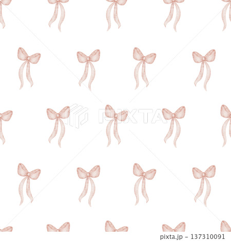 Pattern bows pink ribbons. Watercolor illustration in children's picnic style. Seamless hand-drawn retro print, isolated from background for design textiles, fabrics, clothing, wallpaper, packaging Pattern bows pink ribbons. Watercolor illustration in children's picnic style. Seamless hand-drawn retro print, isolated from background for design textiles, fabrics, clothing, wallpaper, packaging 137310091