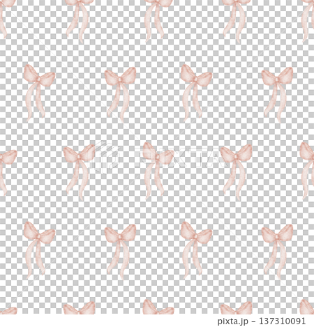 Pattern bows pink ribbons. Watercolor illustration in children's picnic style. Seamless hand-drawn retro print, isolated from background for design textiles, fabrics, clothing, wallpaper, packaging Pattern bows pink ribbons. Watercolor illustration in children's picnic style. Seamless hand-drawn retro print, isolated from background for design textiles, fabrics, clothing, wallpaper, packaging 137310091