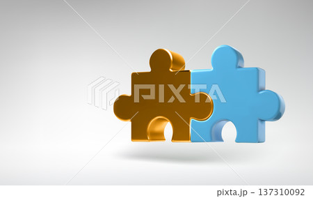 Golden and blue 3D puzzle fusion icon. Isometric perspective, yellow metal plastic jigsaw. Two pieces show partner administration. Solve task concept, team work framework. Abstract realistic style. 137310092