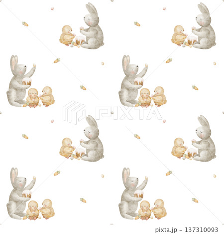 Pattern rabbits, chicks, Easter cake eggs cupcake, carrot. Watercolor illustrations cute animals bunny in children's style. Seamless print, hand-drawn background for design textiles clothing packaging 137310093