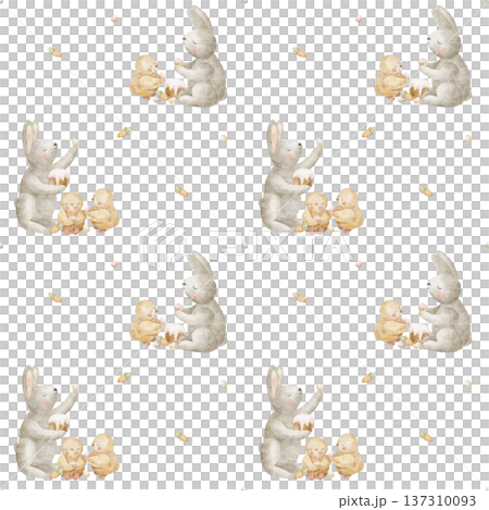 Pattern rabbits, chicks, Easter cake eggs cupcake, carrot. Watercolor illustrations cute animals bunny in children's style. Seamless print, hand-drawn background for design textiles clothing packaging 137310093