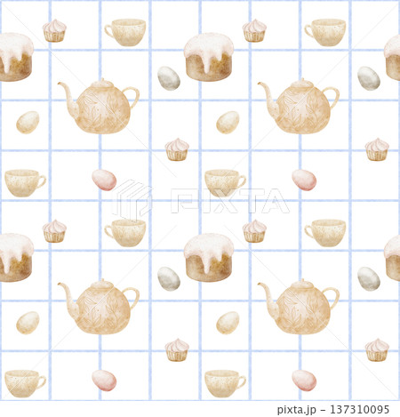 Pattern Easter cake, eggs, teapot, cup, cupcake on blue checkered background. Watercolor illustrations baked goods in children's style. Hand-drawn seamless print for design textiles fabrics packaging Pattern Easter cake, eggs, teapot, cup, cupcake on blue checkered background. Watercolor illustrations baked goods in children's style. Hand-drawn seamless print for design textiles fabrics packaging 137310095