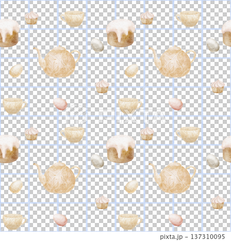 Pattern Easter cake, eggs, teapot, cup, cupcake on blue checkered background. Watercolor illustrations baked goods in children's style. Hand-drawn seamless print for design textiles fabrics packaging Pattern Easter cake, eggs, teapot, cup, cupcake on blue checkered background. Watercolor illustrations baked goods in children's style. Hand-drawn seamless print for design textiles fabrics packaging 137310095