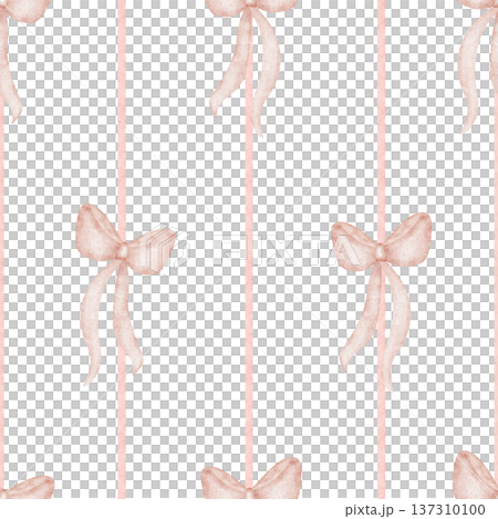 Pattern bows pink ribbons on striped background. Watercolor illustrations in childish retro style. Hand-drawn seamless print in pastel colors for design textiles fabrics clothing wallpaper packaging 137310100