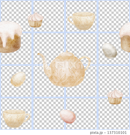 Pattern Easter cake, eggs, teapot, cup, cupcake on blue checkered background. Watercolor illustrations baked goods in children's style. Hand-drawn seamless print for design textiles fabrics packaging Pattern Easter cake, eggs, teapot, cup, cupcake on blue checkered background. Watercolor illustrations baked goods in children's style. Hand-drawn seamless print for design textiles fabrics packaging 137310101