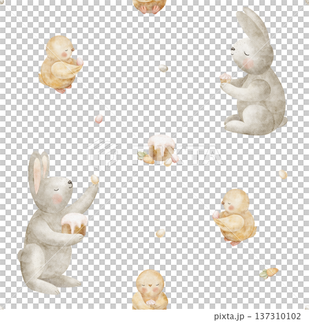 Easter pattern rabbits, chicks, cake egg cupcake carrot. Watercolor illustrations festive food children's style. Seamless print, hand-drawn background for design textiles clothing packaging wallpaper 137310102