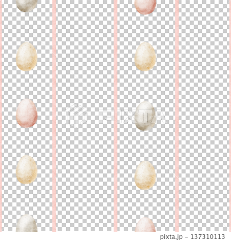 Easter pattern featuring colorful chicken eggs on pink stripes. Watercolor line illustrations in childish style. Seamless hand-drawn print isolated from background for design textiles fabrics clothing Easter pattern featuring colorful chicken eggs on pink stripes. Watercolor line illustrations in childish style. Seamless hand-drawn print isolated from background for design textiles fabrics clothing 137310113