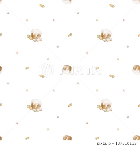 Pattern of colored eggs, Easter cake, carrot cookies. Watercolor illustrations of holiday food children's style. Hand-drawn print, isolated from background for design, textiles, clothing, packaging 137310115