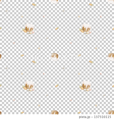 Pattern of colored eggs, Easter cake, carrot cookies. Watercolor illustrations of holiday food children's style. Hand-drawn print, isolated from background for design, textiles, clothing, packaging 137310115