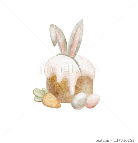 Easter cake, colored eggs chicken, bunny ears, gingerbread carrots. Watercolor illustration of holiday treats in children's style hand-drawn isolated from background for card designs posters tableware 137310158