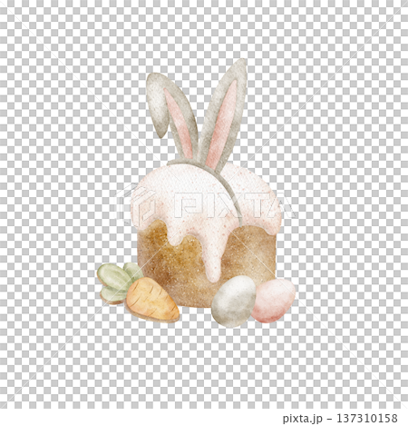 Easter cake, colored eggs chicken, bunny ears, gingerbread carrots. Watercolor illustration of holiday treats in children's style hand-drawn isolated from background for card designs posters tableware 137310158