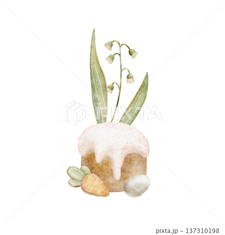 Easter cake, colored eggs, carrot cookies, lily of valley. Watercolor illustration of festive desserts in children's style, hand-drawn, isolated from background for design of cards, posters, clothing 137310198