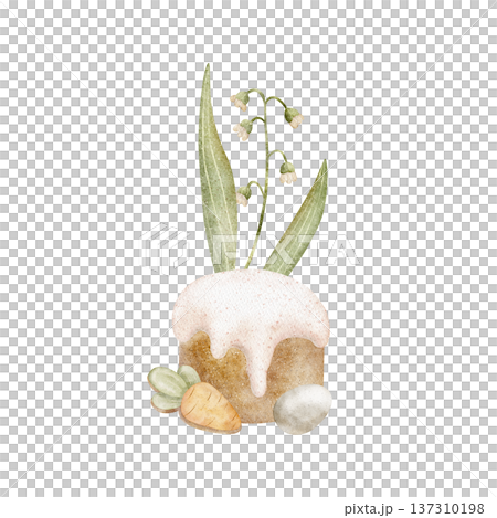 Easter cake, colored eggs, carrot cookies, lily of valley. Watercolor illustration of festive desserts in children's style, hand-drawn, isolated from background for design of cards, posters, clothing 137310198