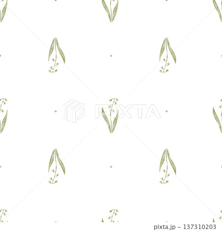 Pattern cute lily of the valley flower. Watercolor illustrations of green plants in childish style. Hand-drawn seamless print, isolated from background for design textiles wallpaper nursery, packaging 137310203