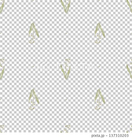 Pattern cute lily of the valley flower. Watercolor illustrations of green plants in childish style. Hand-drawn seamless print, isolated from background for design textiles wallpaper nursery, packaging 137310203