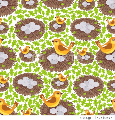 Bird nests made of twigs with eggs and birds sitting on them seamless pattern. Chick nesting. Repeated print. Wild birdie. Nightingale or sparrow. Forest flying animal. Vector background 137310657