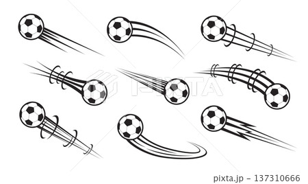 Flying soccer balls with traces of air movement. Football playing. Flight stream trail. Speed motion flow. Championship hit and pass. Movement trajectory. Vector set of black silhouettes Flying soccer balls with traces of air movement. Football playing. Flight stream trail. Speed motion flow. Championship hit and pass. Movement trajectory. Vector set of black silhouettes 137310666