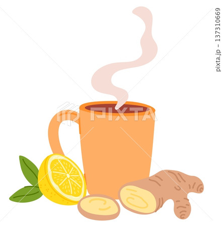 Fragrant cup of tea with pieces of ginger and slice of lemon. Hot steam from mug. Spicy beverage. Aromatic flavor seasoning. Teacup with root and citrus circles. Vector healthy drink 137310669