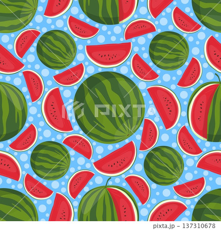 Juicy ripe watermelon seamless pattern. Tasty berry pieces. Whole and cut into slices. Vegan diet dessert. Summer beach food. Peel and fruit seeds. Refreshing juice. Vector background 137310678