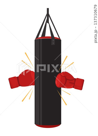 Large hanging punching bag that is struck with red boxing gloves. Combat competitive sport. Kickboxers workout exercise. Fist beating sportive equipment. Kickboxing attack. Vector concept 137310679