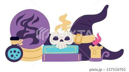 Magical items of sorcerer or wizard. Oracle prediction ball. Witch hat. Magic potion. Spell books. Skull with candle fire. Halloween composition. Magician accessories. Vector concept 137310701