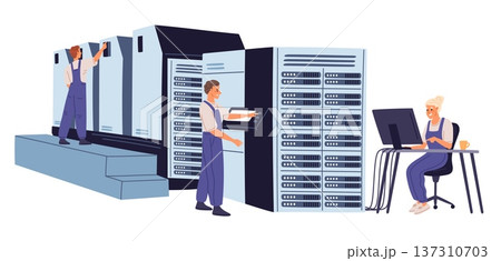 Male and female system administrators maintain and configure large server. Datacenter workers. Computing equipment. Engineers working with hardware. Database machine. Vector concept 137310703