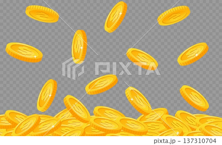 Mountain of gold coins falling from above. Making profit. Casino jackpot. Financial income. Precious metal cash. Finance savings. Vector transparent background with money rain of success 137310704