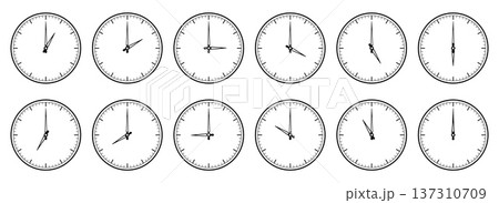 Watch face icons with minute and hour hands. Pointers readings for each time interval. Clockwise arrow. Deadline and punctuality. Alarm clock design. Vector timepiece round dials set Watch face icons with minute and hour hands. Pointers readings for each time interval. Clockwise arrow. Deadline and punctuality. Alarm clock design. Vector timepiece round dials set 137310709