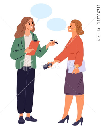 Woman with clipboard and pen conducts survey of women. Interviewer talking to passersby on street. Sociology research. Sociologist asking questions for questionnaire. Vector concept Woman with clipboard and pen conducts survey of women. Interviewer talking to passersby on street. Sociology research. Sociologist asking questions for questionnaire. Vector concept 137310711