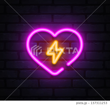 Neon vector heart icon with yellow lightning symbol on brick wall. Suitable for energy concepts, emotions, and dynamic graphic projects. 137311253