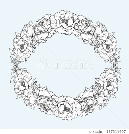 Wreath of Peonies. Round Frame of Peony painted by black inks. Line art vector illustration spring flowers. Floral sketch in outline style. Vector monochrome illustration with line art Peonies. eps10 137311407