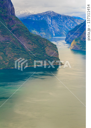 View of the fjords at Stegastein viewpoint in Norway 137311454