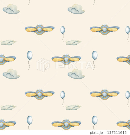 Seamless pattern with Toy airplane and Balloons. Childish wallpaper with air balloons and Kids Toy Plane. Watercolor illustration of flying airplanes for kids goods, kids wallpaper, wrapping paper 137311613