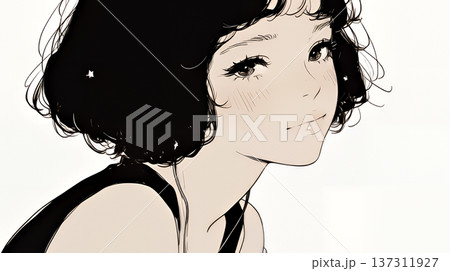 輝く瞳で見つめる好奇心旺盛な若い女性（シンプルな色使い）