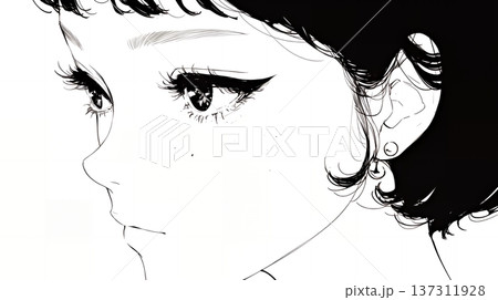 輝く瞳で見つめる好奇心旺盛な若い女性（シンプルな色使い）