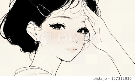 輝く瞳で見つめる好奇心旺盛な若い女性（シンプルな色使い）